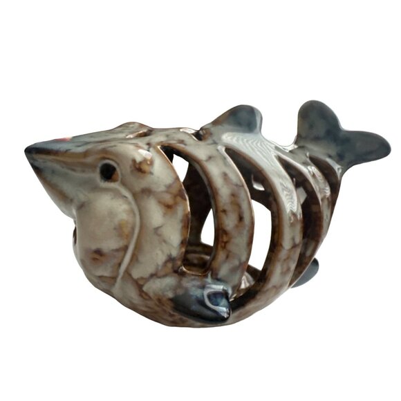 Shark Ceramic Tea Light Candle Brown Blue Holder Cool Cutout Teeth 3.5x7.5 - Picture 1 of 9